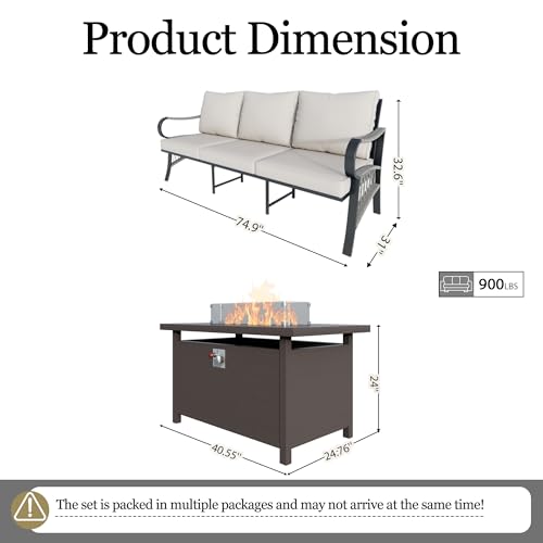 Image of Outdoor Furniture Set, Patio Conversation Set Include 2 x 3-Seater and Fire Pit Table for Deck, Porch, Garden, Backyard, Poolside (Beige, 3-Piece)