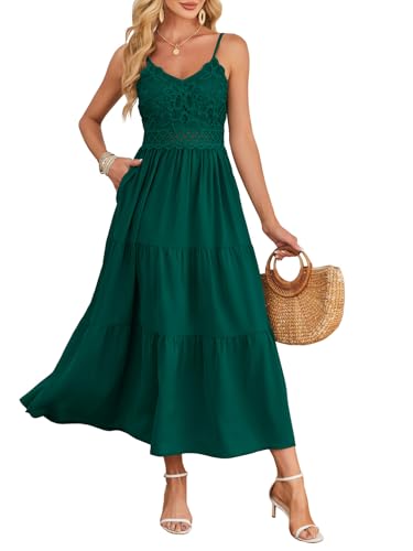 Image of Dokuritu Women's Beach Crochet Lace Maxi Dress Solid Color Summer Vacation Wedding Guest Spaghetti Strap Long Dress