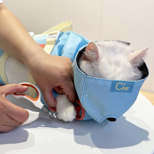 Image of Cinf Cat Nail Clipping Cleaning Grooming Restraint Bag (Free Muzzle) No Scratching Biting for Bathing Nail Trimming Injecting Examining((Sky Blue Citrus,M)