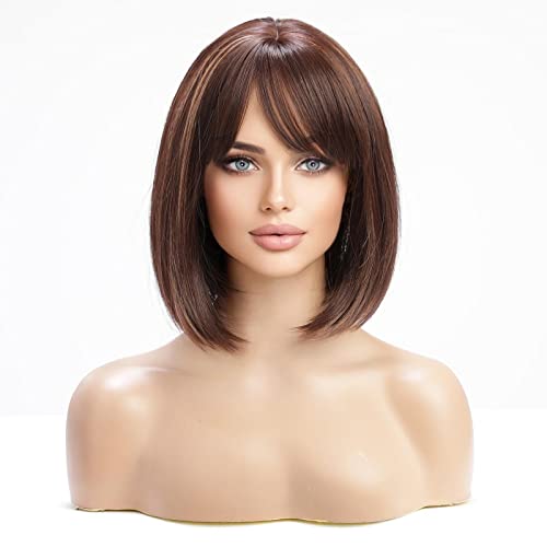 HAIRCUBE Long Straight Wigs for Women Synthetic Hair Wig with Neat Fringe for Daily Use or Cosplay (Chestnut Brown Mixed Light Brown)