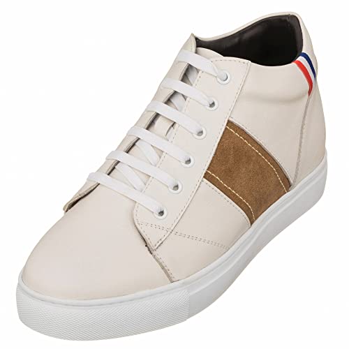 CALTO Men's Invisible Height Increasing Elevator Shoes - Beige White Leather Lace-up Sneakers - 2.8 Inches Taller - K53101 - Size 7 D(M) US