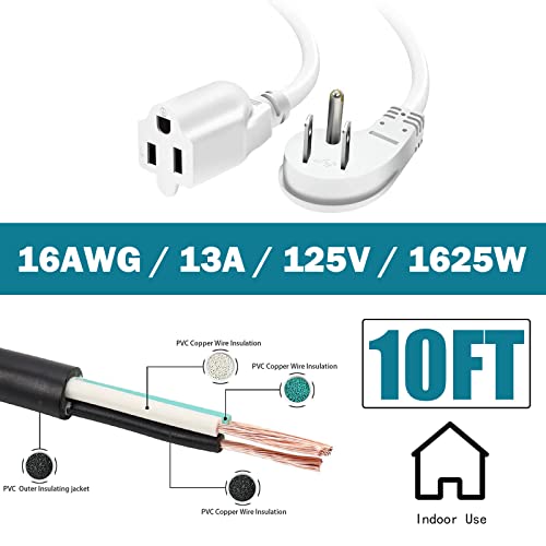Greatide 10 Ft Flat Plug Extension Cord, 16 Awg 3 Prong Grounded White Low Profile Extension Cable For Indoor, Ul Listed #TOP1