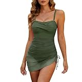 Women Sexy One Piece Swimsuit Solid Color Ruched Tummy Control Bathing Suit Mesh Swimdress Spring Summer Fashion