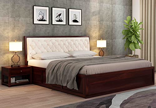 Image of Luxury Upholstered Queen Size Bed with Storage | Soft Fabric Padded Quilted Headboard | Strong Sheesham Wood Frame | Modern Wooden Bed for Bedroom Home & Hotel (Walnut Finish, Queen)