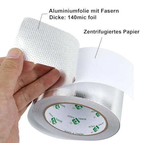 BOMEI PACK Netzverstärkt Aluminium Klebeban 50mm x 20 m, selbstklebendes Alu-Klebeband-Aluband, Wasserdichtes- und hitzebeständiges Band zum Versiegeln, Reparieren und Isolieren