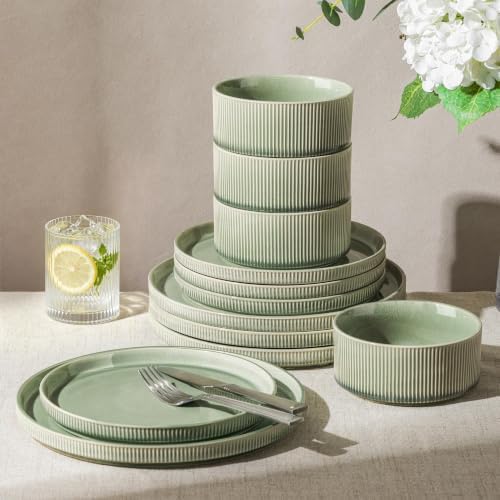 GBHOME Stoneware Dinnerware Sets for 4,12-Piece Plates and Bowls ...