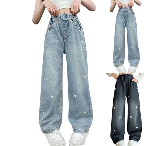 Jeans for Girls Baggy Wide Leg Heart Denim Pants Elastic High Waist Cute Trousers Casual Trendy Streetwear with Pockets