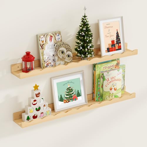 Fun Memories Picture Ledge Shelf for Wall, 36 inch Pine Wood Nursery Book Shelves Set of 2- Wall Book Shelves for Kids Room, Home Decor - Kitchen Spice-Natural