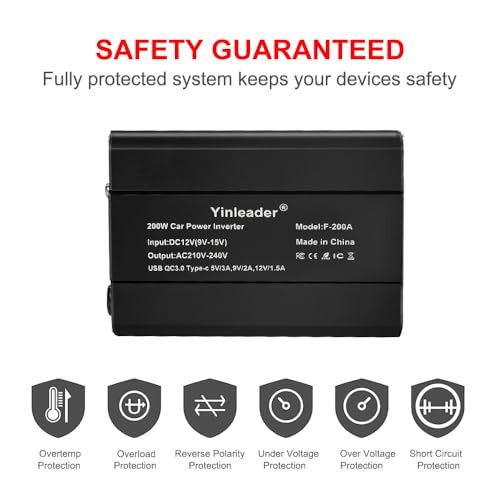 Yinleader Power Inverter 200W DC 12V to 240V AC Modified Sine Wave Car Cigarette Adapter Converter UK Socket with Type-C and QC 3.0 USB-Black - Image 6