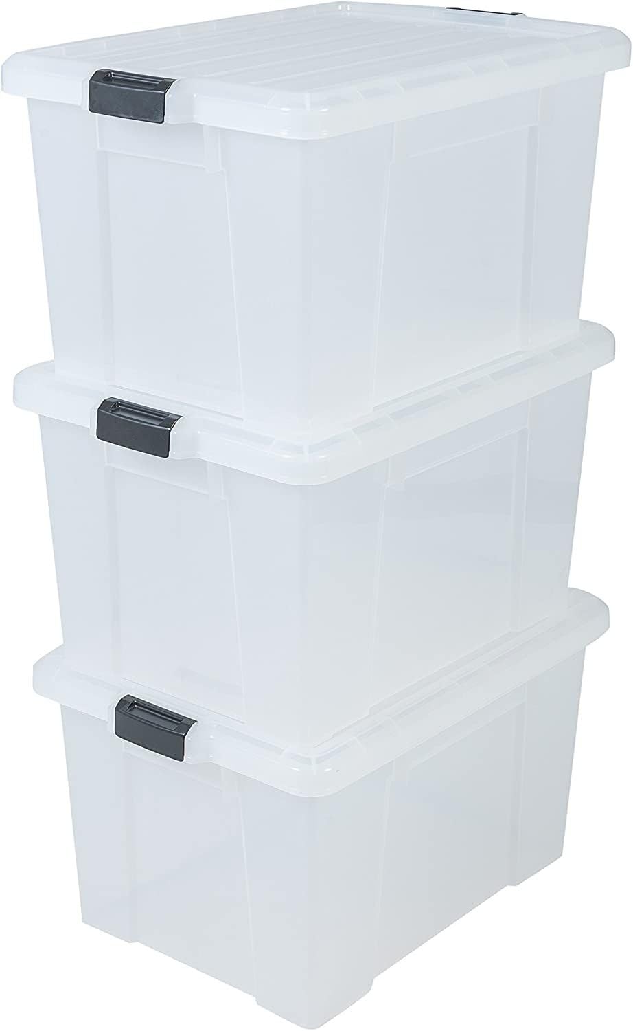 Iris Ohyama, Garage Storage Boxes, Plastic Storage Boxes with Lids, Closing Clips, 68L/3Pack, BPA Free, Clear, W64 x D45 x H35.5cm, SK-700