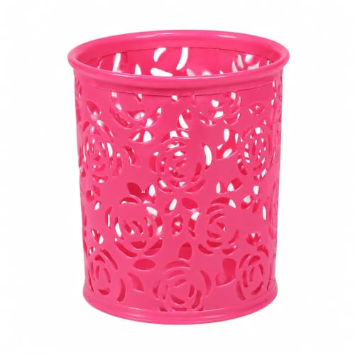 Image of Metal Mesh Pen Stand for Office & Home Desk | Black Stationery Holder Organizer for Pens, Pencils, Markers, Makeup Brushes | Durable Round Wire Mesh Pen Stand (Pack of 1) (Floral-Dark Pink)