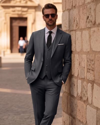 Image of LUPURTY Men's 3 Piece Suit, One Button Slim Fit Tuxedo | Includes Bow Tie, Jacket Vest & Pants, Single Breasted, Wrinkle Resistant, Ideal for Wedding Prom & Business Formal Events