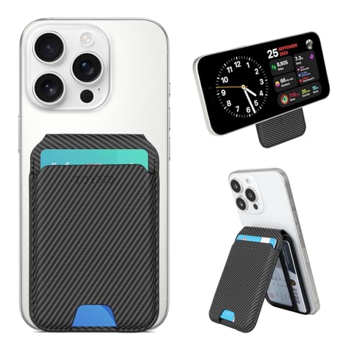 Image of TOYFID Men's Magnetic Leather Wallet, MagSafe RFID Card Holder with Stand Carbon Fiber Black
