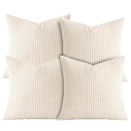 AMEHA Soft Stripe Cream Velvet Cushion Covers 45 x 45 cm Set of 4 Pcs with Invisible Zipper Decorative Square Throw Pillowcases for Bedroom, Sofa (18x18 inch Stripe Cushions)