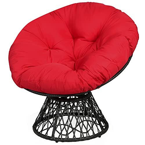 RELAX4LIFE Rattan Papasan Chair, 360 ° Swivel Egg Recliner Chair with Soft Cushion, Indoor Outdoor Rocking Moon Lounger Chair for Living Room Garden Balcony Patio (Red)