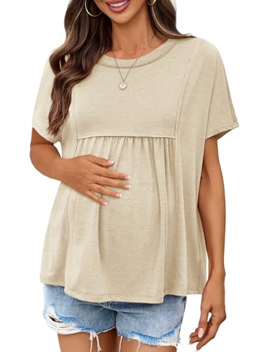 Tankaneo Womens Maternity Tops Summer Batwing Short Sleeve Casual T Shirts Oversized Pleated Pregnancy Clothes Apricot