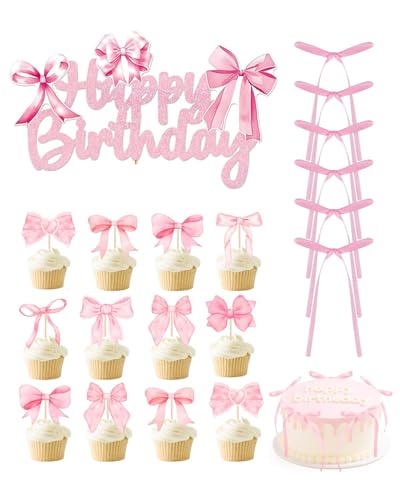 MOPZIJA 19pcs decoracion tartas cumpleaños,Juego de decoración para tartas con lazos y cartel de feliz cumpleaños, decoración para tartas de cumpleaños, decoración vintage para fiesta de coquette