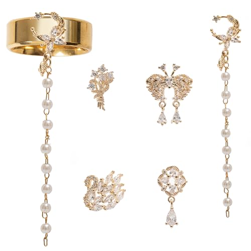 BOVIPO 14K Gold Plated Smart Ring Charms Accessories Compatible with Oura Ring Gen3/4, 5PCS Fashion 3D Rhinestone Charms (Easy Install & Remove) (S 1)