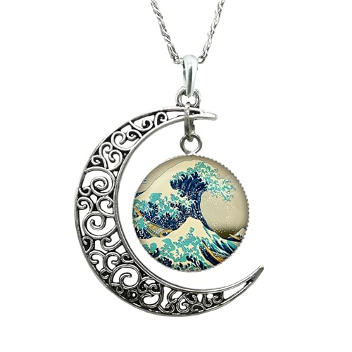 Collier croissant de lune argent 925 femme homme cabochon verre Van Gogh