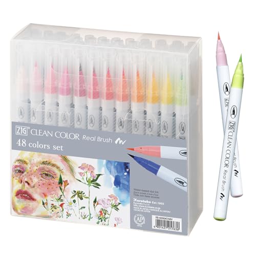Kuretake ZIG CLEAN COLOR Real Brush 48 Colors set, AP-Certified, Flexible Brush Tip, Professional quality, Odorless, Xylene Free, Easy to create narrow and wide lines, Made in Japan