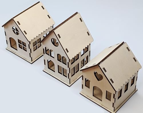 Image of Decorative Wooden Christmas Village Houses, Set of 3, Natural Wood, 77-94 mm Seasonal Craft