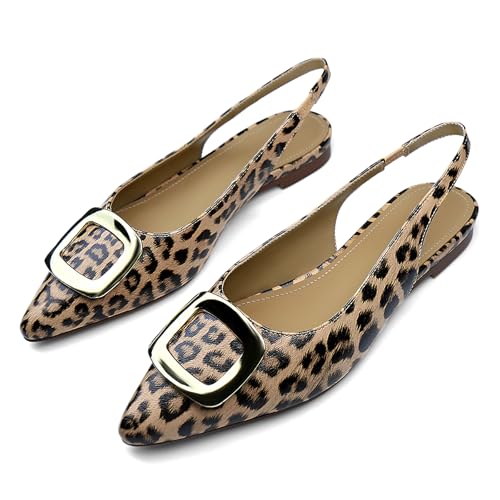 QIV Slingback Flats for Women Leopard Pointed Closed Toe Womens Flat Dress Shoes for Women Comfortable Work Low Heel Pumps