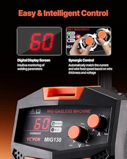 VEVOR Macchina Saldatrice MIG Corrente 130A, Saldatrice MIG Sinergica Filo Animato Senza Gas, Kit Saldatrice Portatile Saldatrice con Tecnologia Inverter IGBT, Macchina Saldatrice Schermo Digitale