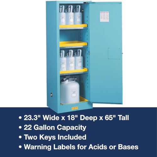 Image of Justrite Acid Corrosive Storage Cabinet - 22 Gallon 1 Door Slimline Manual Close Chemical Storage Cabinet with ChemCor Coating - 18 inch x 65 inch x 23 inch - Made in The USA - Light Blue - 8922022