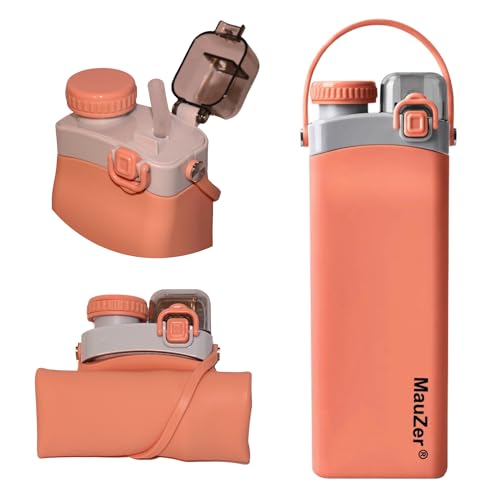 MauZer® Borraccia pieghevole in silicone con cannuccia, a prova di perdite, 600 ml, senza BPA, ideale per sport, escursioni, viaggi, campeggio o festival (arancione)