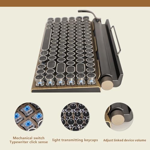 Adventurers Typewriter-Style Retro Mechanical Keyboard LED Backlight 83 Keys Bluetooth 5.0 Blue Axis Wood Color Panel Compatible with iOS/Android/Windows/Vista/Linux/Mac Office/Gaming, 12.8x6.6x1.6in — view 2