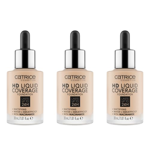 Catrice HD Liquid Coverage Foundation, No. 010, Nude, Long-Lasting, Matte, for Blemished Skin, Vegan, Oil-Free, Waterproof, Paraben-Free, Pack of 3 (3 x 30 ml)