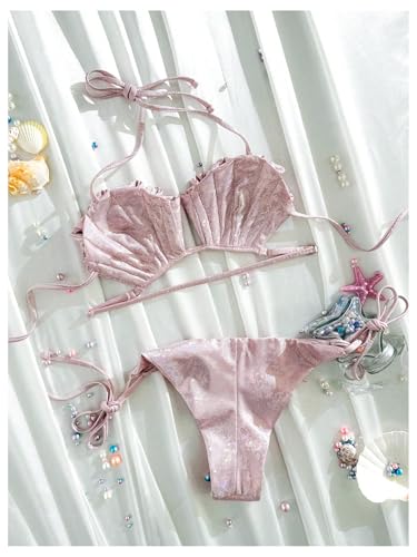 MakeMeChic Women's 2 Piece Bikini Set Metallic Halter Ruffle Tie Side Push Up Bathing Suit4