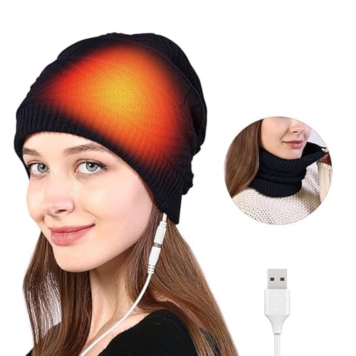 KQLHLHDYZ Heated Beanie Hat, USB Electric Warm Heated for Women and Men, 2 in 1 Electric Warm Heated Hat Neck Scarf Warmer Set for Skiing, Hiking (No Battery) Black