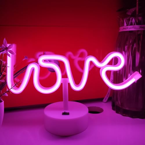 Image of JYWJ Neon Signs with Holder Base,USB or 3-AA Battery Powered Neon Light,LED Table Decoration,Bedroom Wall Decoration,Birthday Gift,Wedding Supplies Business Gift(Love)