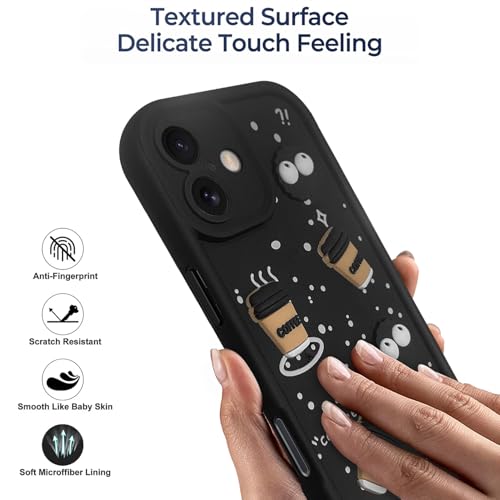 Image of SHINESTAR Back Cover for iPhone 16 - 3D Cartoon Coffee & Eyes Design | Soft Silicone Shockproof Case with Full Camera Protection | Cute & Playful Phone Cover - Black