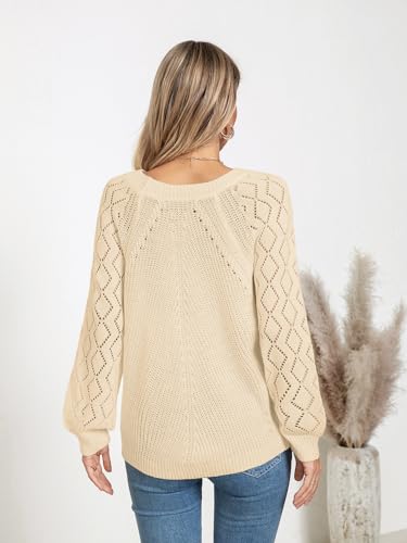 Image of Libsorge Womens Cute Crochet Knit Hollow Out Sweater Fall 2024 Lightweight Ribbed Crewneck Long Sleeve Pullover Top