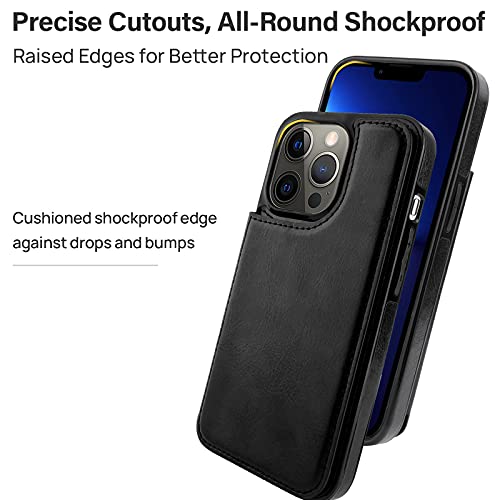Cardpakee For Iphone 13 Pro Wallet Case With Card Holder, Faux Leather Kickstand Card Slots Case, Handmade Rfid Blocking Magnetic Shockproof Protective Slim Back Flip Phone Case 2021 6.1" Black #TOP2