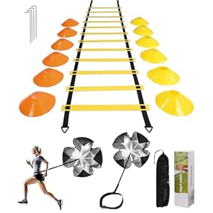 Équipement d&rsquo;entraînement de Football,Parachute de résistance d&rsquo;entraînement,1 Échelle de D&rsquo;agilité de 6 Mètres, 12 Cônes de Disque,Jeux D&rsquo;EntraîNement pour La Vitesse et L&rsquo;Agilité