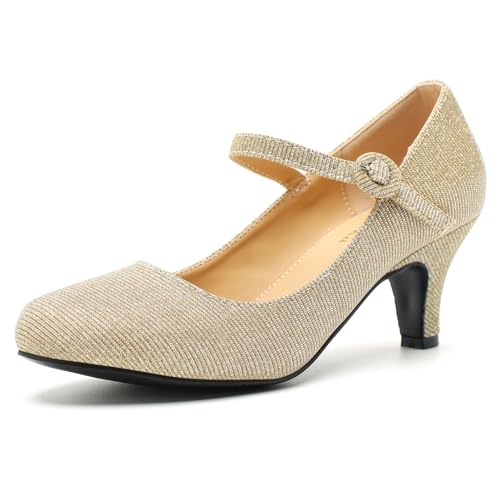 Image of Women's Vintage Mary Jane Shoes Dress Comfortable Low Kitten Heels Ankle Strap Closed Round Toe Office Work Wedding Pumps