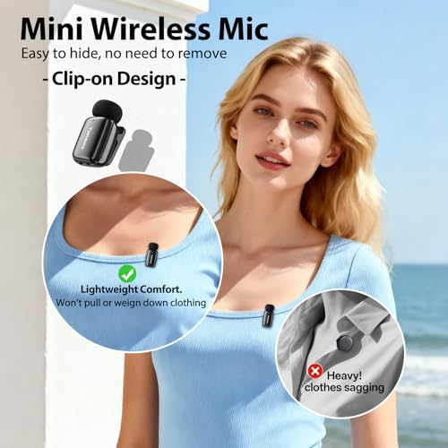 Image of Mini Wireless Lavalier Microphone for iPhone ipad Android, Noise Reduction and Mute, 33h Charging Case, Plug & Play, 131FT Range, Mini Lapel Mic for Video Recording, Vlogging, YouTube