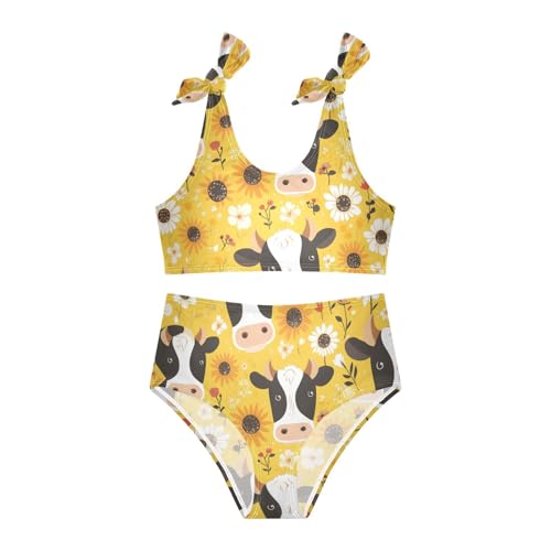 KLL Black White Cow Print Sunflowers Girls' 2 Piece Bikini Sets Scoop Neck Swimming Bathing Suit Swimsuit3