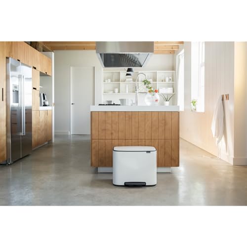 Image of Brabantia Bo Step-On Kitchen Trash Can with Dual Compartments | White | 3 + 6 Gal Inner Buckets | Soft-Close Garbage Can, Light Pedal Operation, Stay-Open Lid | Fits Against Wall | + Trash Bags