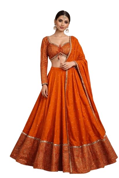 Image of Suppar Sleave Women's Embroidered Vichitra Silk Lehenga Choli Dupatta Set Semi-Stitched Blouse and Fit & Flare Style