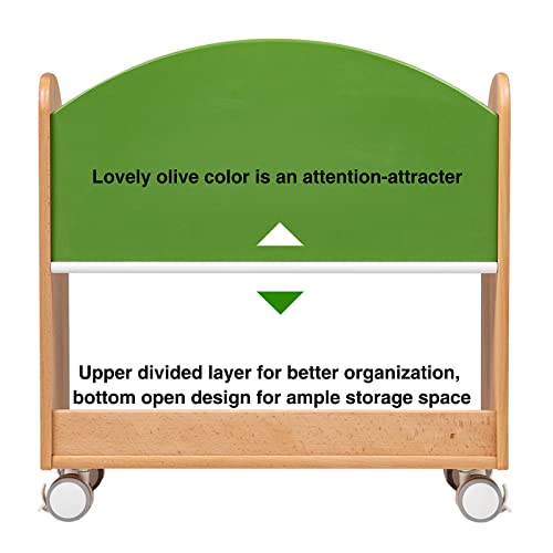 Flying Olly Kids Bookshelf,Solid German Beech Wooden Toddler Bookcase With Wheels,Children Books Display Shelf, Baby Books And Toys Storage Rack,Infant Book Cart For Bedroom,Playing Room - Green #TOP3