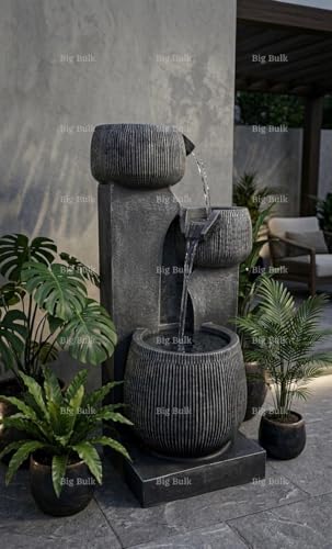Image of Stone Grey Steps Bowl Fiber Fountain for Home Decor /Living Room /Hall /Office /Garden /Room Indoor Outdoor Fountain (33 x 31 x 81 cm) (Carbon Black Grey)