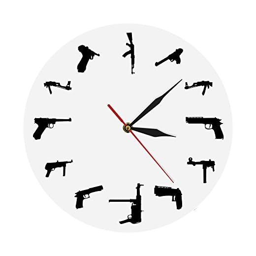 The Geeky Days Guns Family Army Weapons Modern Mood Watch Silent Non Ticking Wall Clock Personalized Hand Gun Weapons Silhouette Clock Best Souvenir Present for Gun Lover