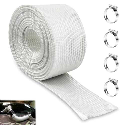 Gaine Haute Temperature 25MM Générateur Gaine Isolante Thermique 250CM Fibre de Verre Gaine Electrique Flexible Echappement Gaine Isolante Climatisation pour Tuyau D'échappement avec 4 Clips (Blanc)