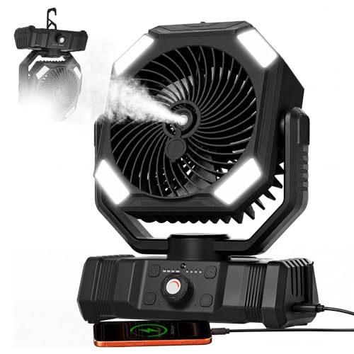 USONE Portable Misting Fan 5-in-1 Camping Fan Rechargeable LED Light Remote & Timer [Max 48Hrs] Battery Operated Tent Fan with Hook for Patio Beach Outdoor Emergency Backup Black
