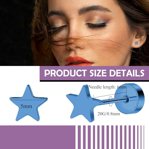 ZDE Women Flat Back Star Earrings Non-Nickel Heart Earrings Titanium Hypoallergenic Cartilage Earrings Stud for Sensitive Ears Simple Classic 5mm Flat Stud Earring2