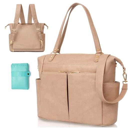 MOMINSIDE Diaper Bag Tote, Leather Diaper Bag Backpack with 14 Pockets, Convertible Baby Bag for Boys Girls, Pañaleras Para Bebe Mommy Bag, Changing Pad, Large 4 Insulated Pockets (Camel)